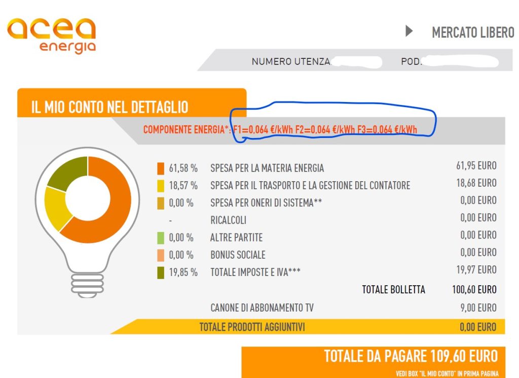 Il dettaglio della bolletta con la ripartizione tra le singole voci ed il costo della componente Energia