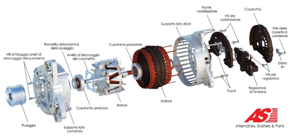 Schema alternatore, statore, rotore, puleggia
