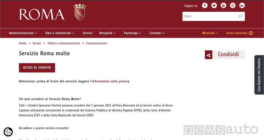 Portale comune di Roma Capitale dove è possibile pagare le multe. 