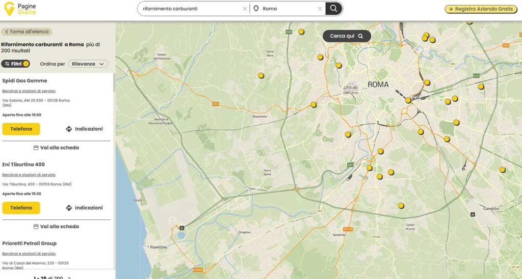La pagina di ricerca per rifornimento carburanti sul sito Pagine Gialle