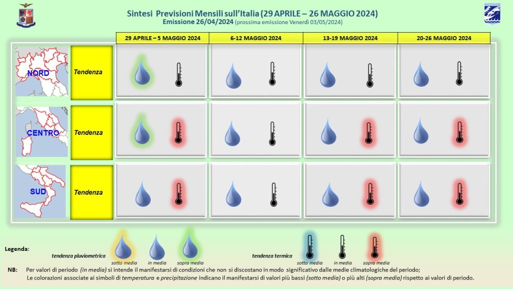 Previsioni meteo di maggio 2024 elaborate dall'Aeronautica Militare
