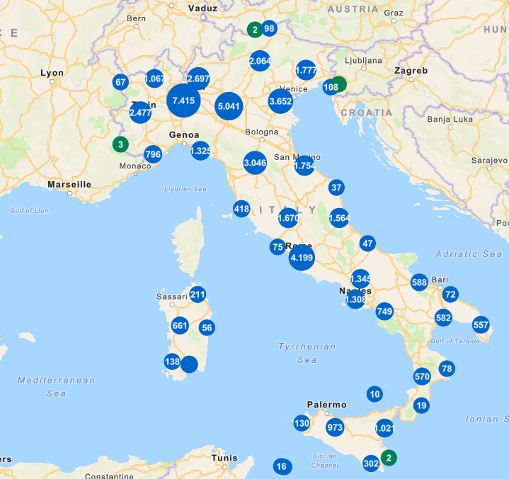 Mappa colonnine presenti in Italia visibile sulla Piattaforma Unica Nazionale (PUN)