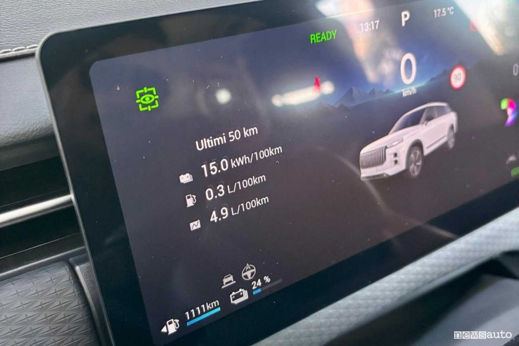 schermata dei consumi al termini del test su strada della Jaecoo 7 Super Hybrid
