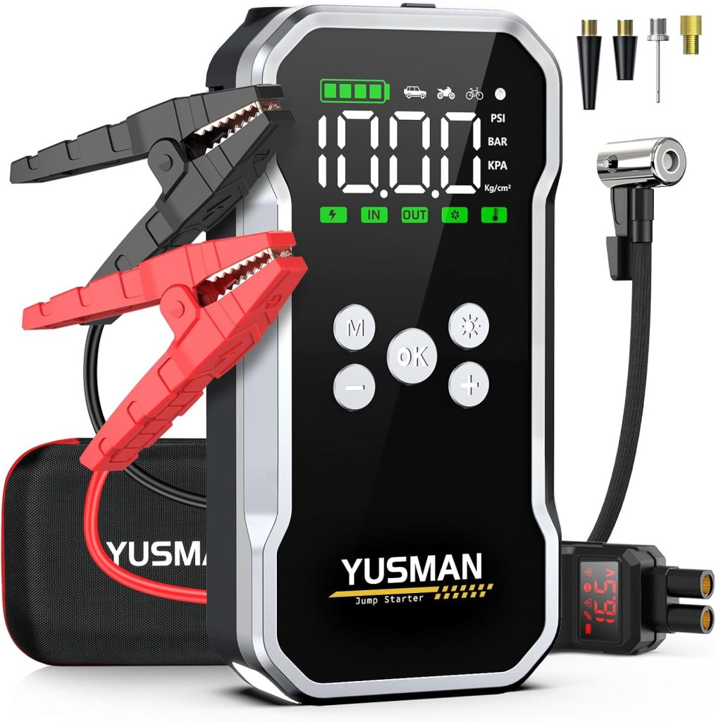 YUSMAN Avviatore Batteria Auto - 5000A, Booster Avviatore Auto con Compressore 150PSI (per 12V 10.0L GAS e 8.0L DIESEL), Jump Starter 5V/3A,