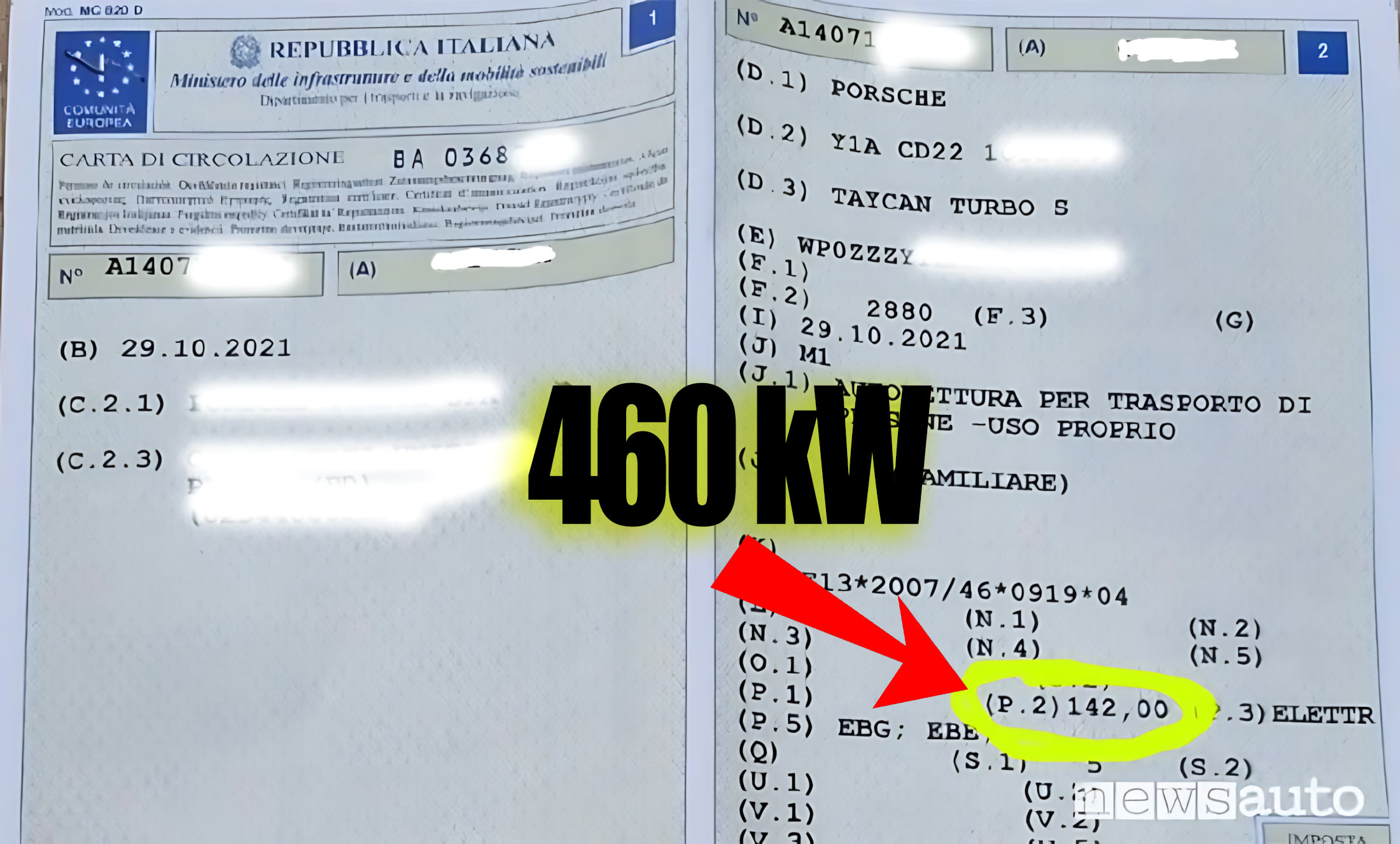Libretto auto elettrica e potenza omologata su P2