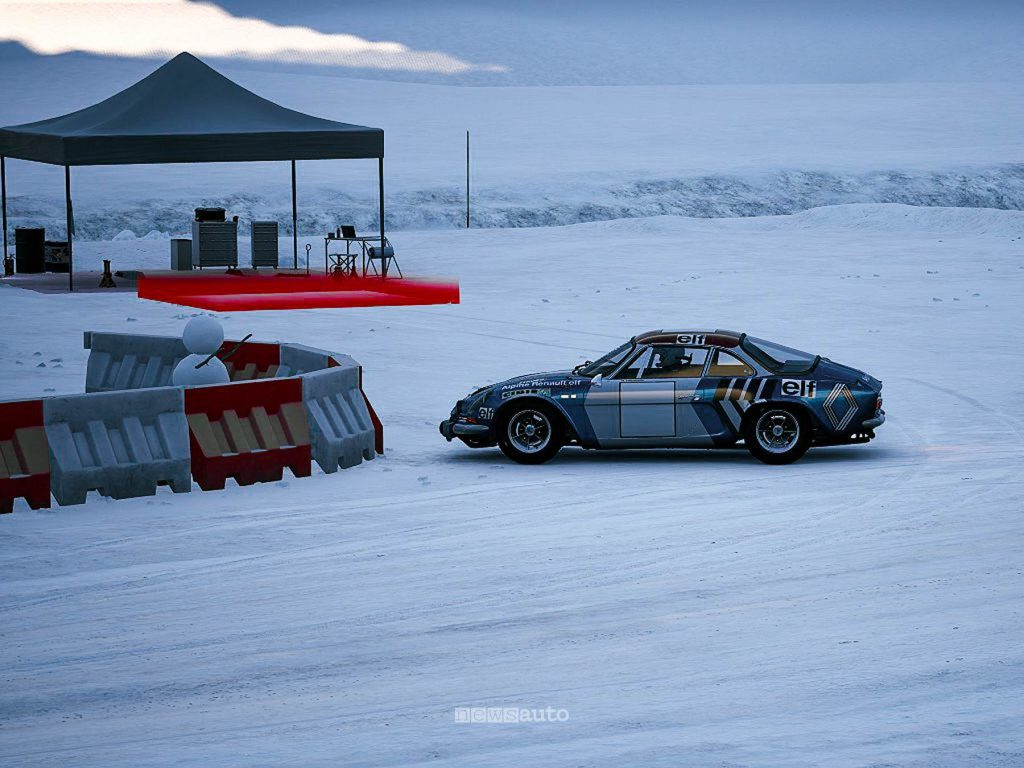 Alpine A110 sul tracciato di Livigno con pupazzo di neve in Assetto Corsa Rally