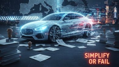 Rappresentazione concettuale di un'auto digitale stilizzata con circuiti elettronici luminosi, circondata da pile di documenti burocratici e una mappa dell'Europa sullo sfondo.