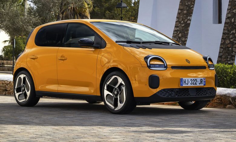 Renault Twingo E-Tech electric Jaune Mango anteriore 3/4