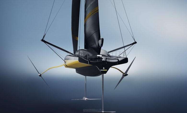 Vista posteriore del monoscafo oceanico Ferrari Hypersail