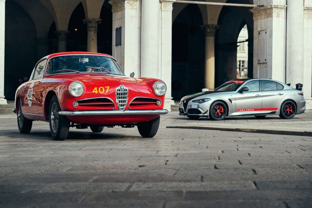 L'Alfa Romeo 1900 Super Sprint del 1956 e la Giulia Quadrifoglio Luna Rossa alla 1000 Miglia 2026