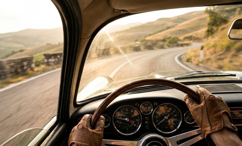 Auto senza ABS: sportiva classica anni Settanta guidata al limite su strada di montagna, mani del pilota sul volante