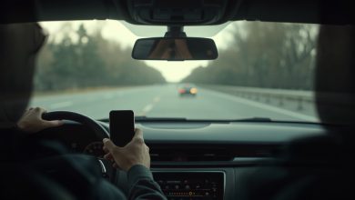 Guidatore distratto che guarda lo smartphone al volante: i rischi del cellulare alla guida