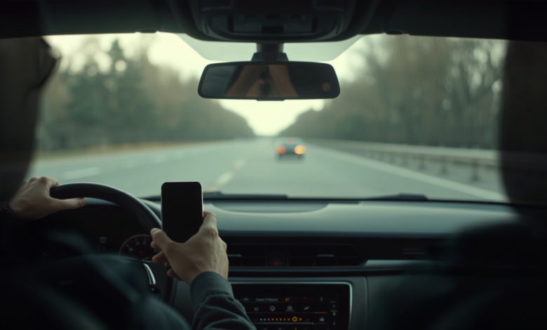 Guidatore distratto che guarda lo smartphone al volante: i rischi del cellulare alla guida
