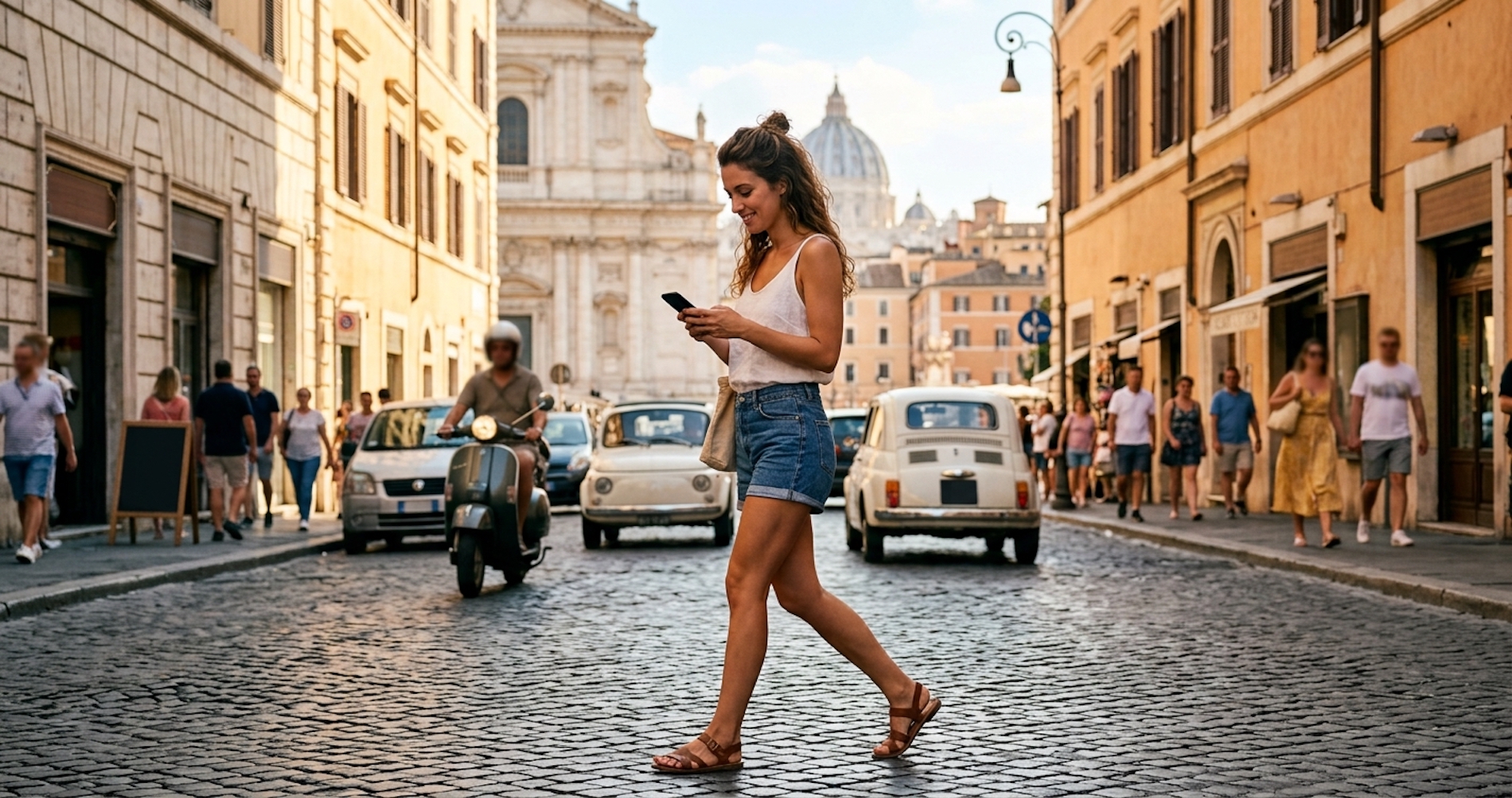 Pedoni che attraversano la strada con smartphone, con un agente di polizia che li osserva, in un contesto di protesta