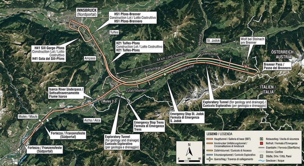 La Galleria di base del Brennero collega Innsbruck e Fortezza per 64 km