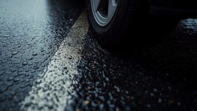 Guida sotto la pioggia: pneumatico su asfalto bagnato con velo d'acqua e striscia di segnaletica