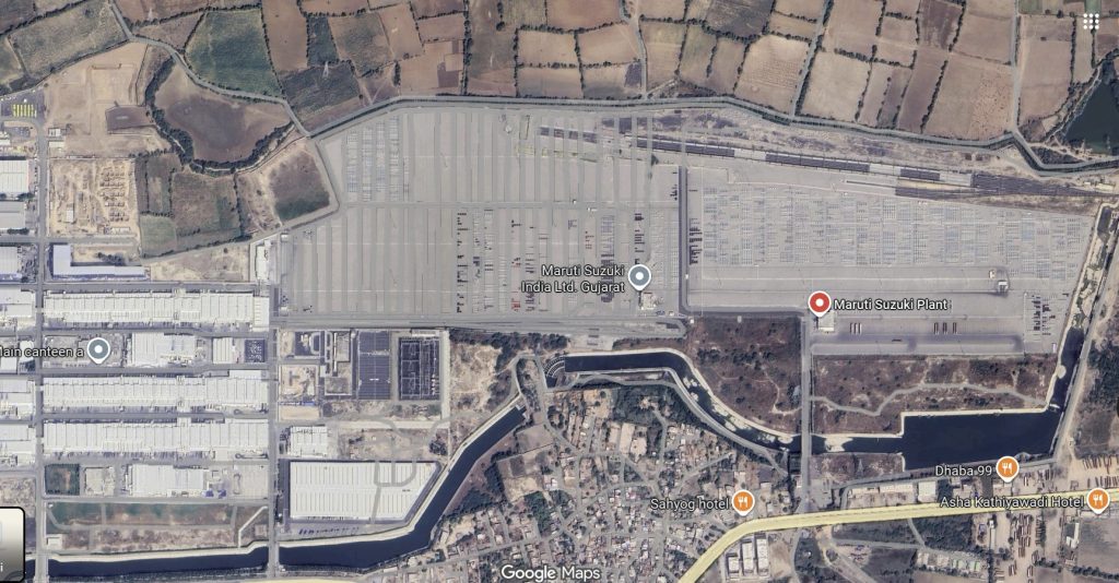 Hansalpur, il sito produttivo della Suzuki in India con il raccordo ferroviario per caricare le auto.
