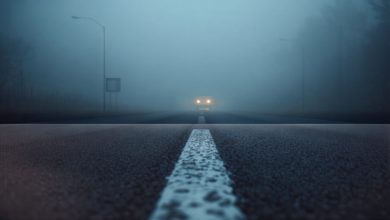 Velocità nella nebbia: fari di un'auto e linea di margine su strada immersa nella nebbia fitta