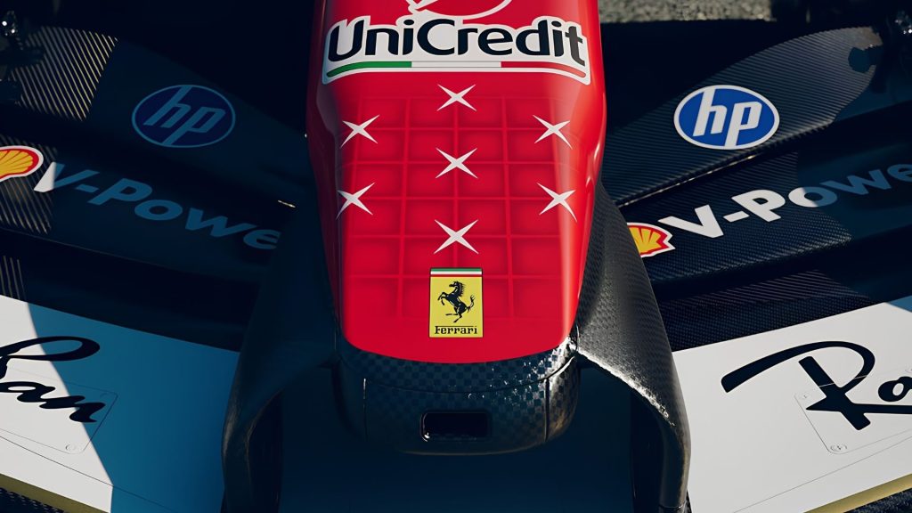 Livrea Ferrari Monza, dettagli muso anteriore con stelle Ferrari SF-26 livrea speciale Michael Schumacher