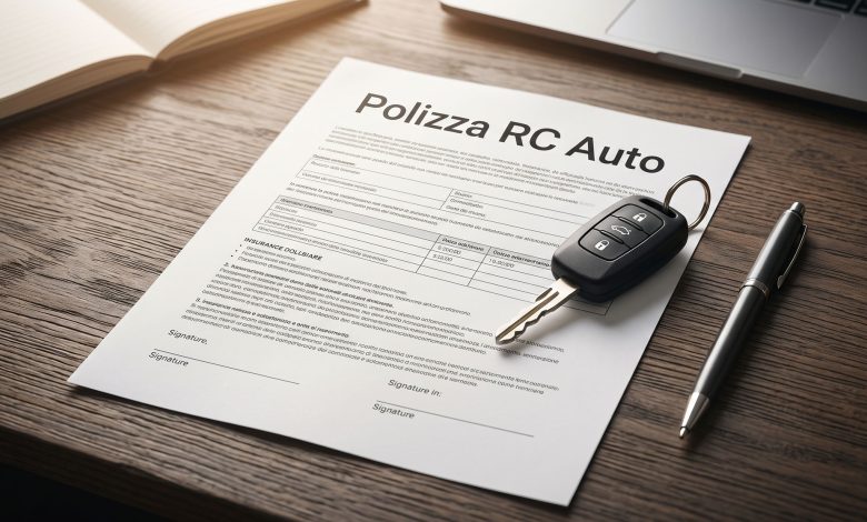 Polizza RC Auto e clausola di rivalsa assicurativa su scrivania con chiavi auto e penna - Immagine illustrativa generata con AI