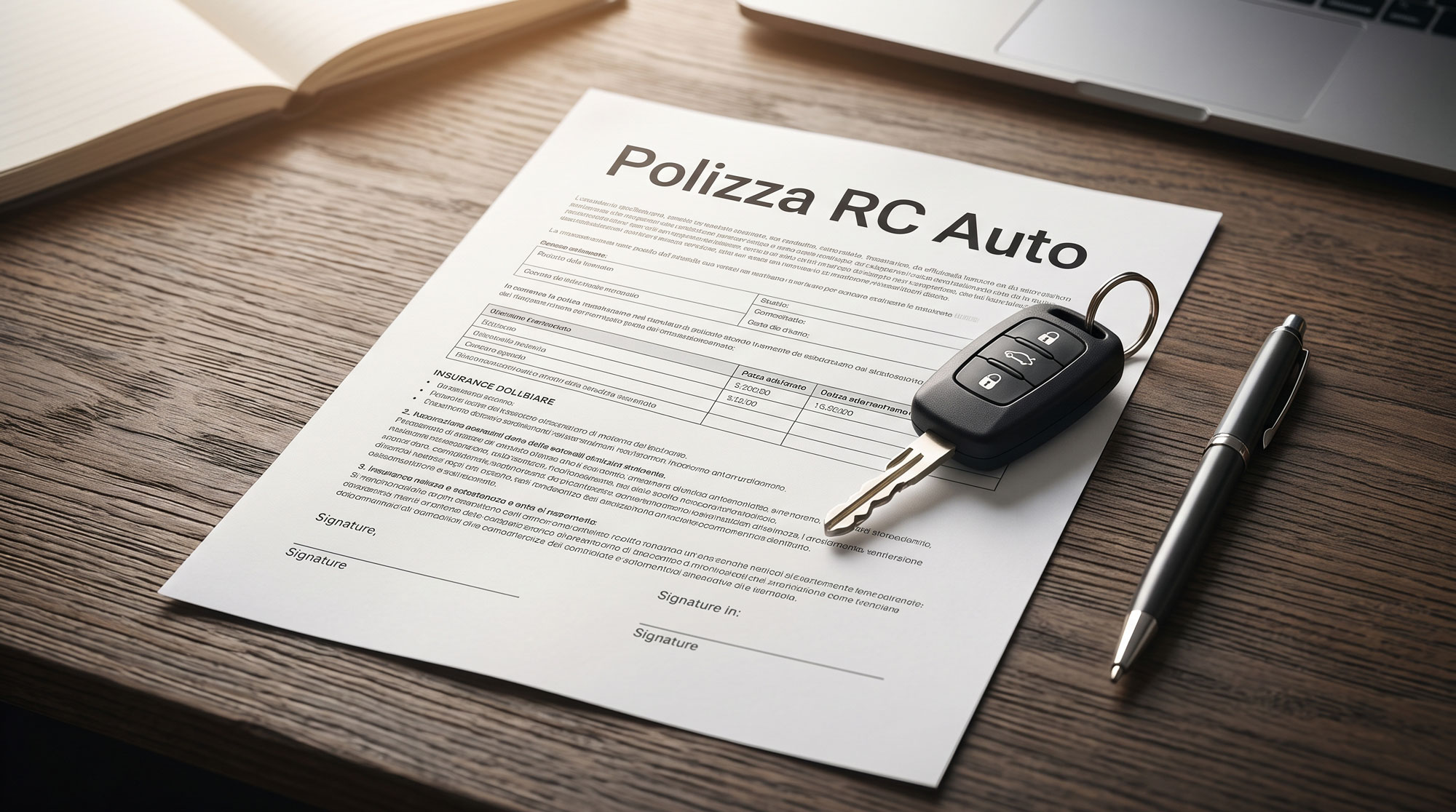 Polizza RC Auto e clausola di rivalsa assicurativa su scrivania con chiavi auto e penna - Immagine illustrativa generata con AI