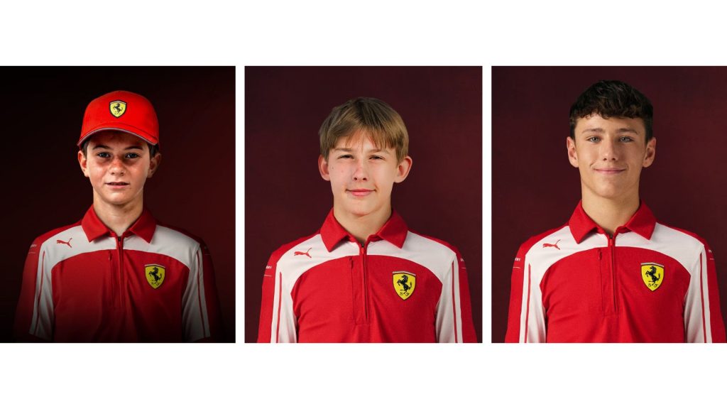 Piloti Ferrari Driver academy 2027 Da sx a dx: Daniel Miron (Kart OK), Noah Baglin (F4 Spagnola) e Filippo Sala (F4 Spagnola)