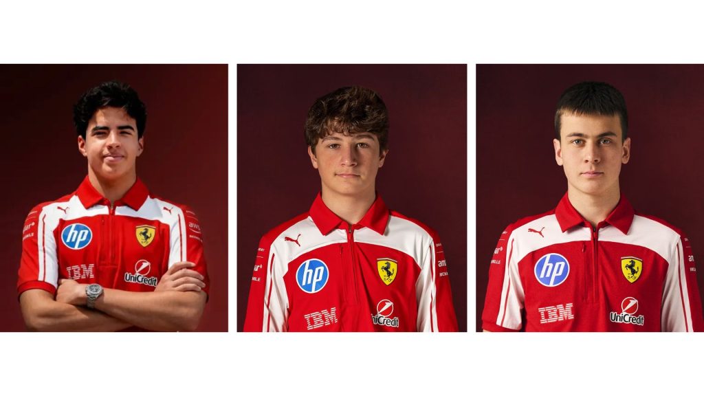 Piloti Ferrari Driver academy 2027, Da sx a dx: Salim Hanna (Formula 3), Niccolò Maccagnani (Formula 3) e Tuukka Taponen (Formula 2)