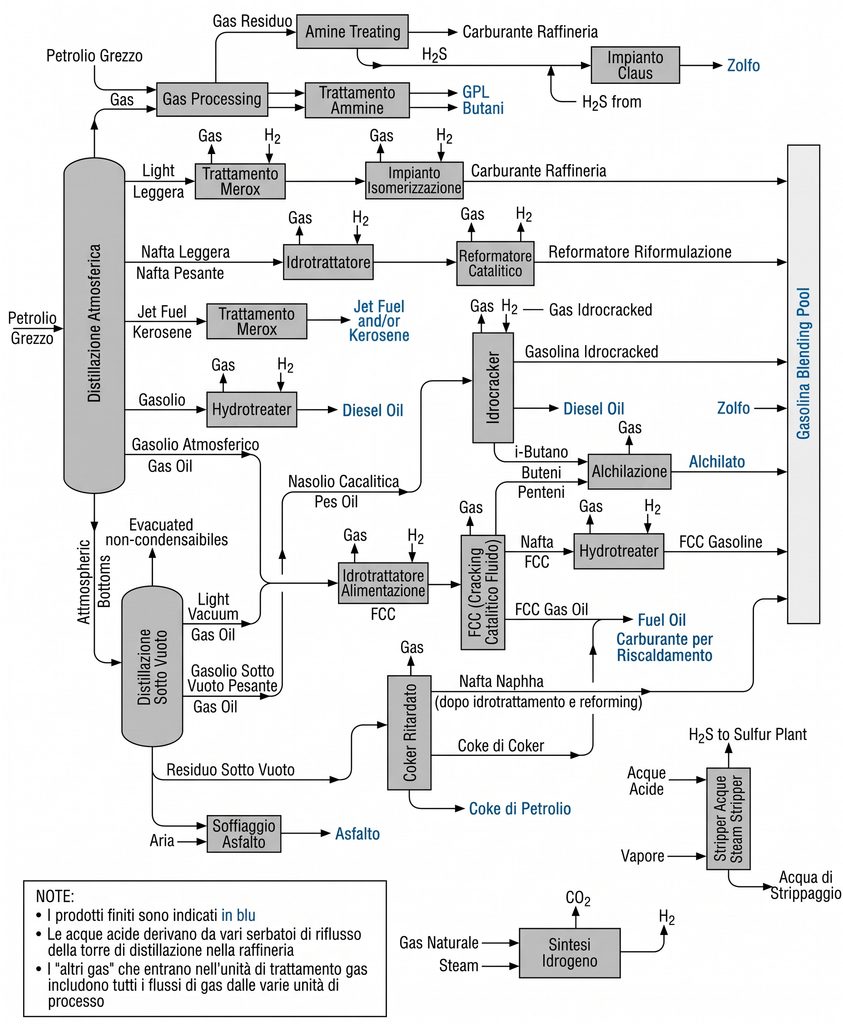 Questo schema illustra l'architettura completa di una moderna raffineria di petrolio ad alta conversione, mostrando il percorso che trasforma il petrolio grezzo nei diversi prodotti finiti per l'industria e la mobilità (evidenziati in blu)