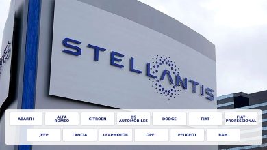 grande insegna con il logo Stellantis su edificio aziendale e sotto i loghi dei marchi del gruppo come Alfa Romeo, FIAT, Lancia, Jeep, Peugeot e Citroën