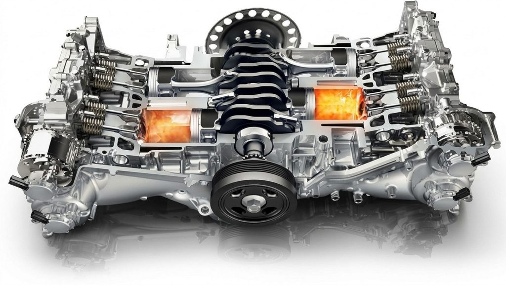 motore boxer Subaru prevede cilindri disposti orizzontalmente e pistoni contrapposti